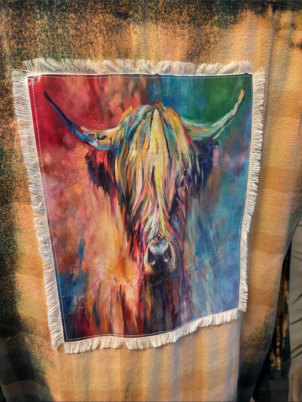Handmade one of kind distressed flannel with Colorful Highland Cow Patch - Picture 2 of 6